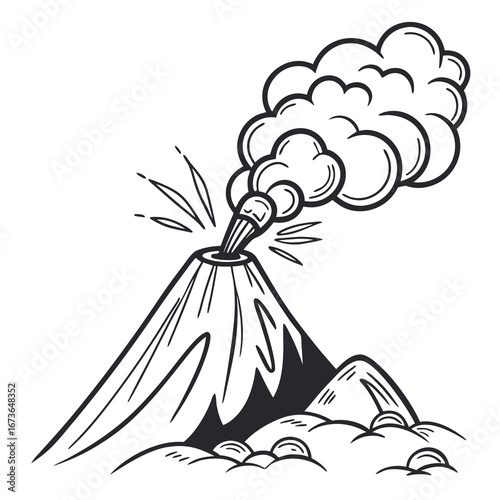 Stylized black and white line art illustration of a volcano erupting with smoke and ash against a white background