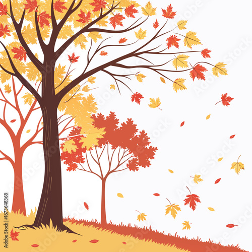 Stylized autumn trees with falling leaves in red and yellow against a white background