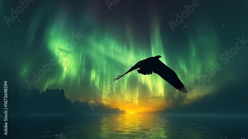 Bird silhouette soaring under bright northern lights above ocean seamless looping time-lapse 4k video background. Nature concept
