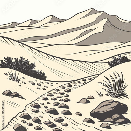 Stylized illustration of a desert landscape with rolling sand dunes and a stone path leading through sparse vegetation