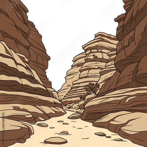 Stylized illustration of a narrow desert canyon with layered rock formations and a dry riverbed
