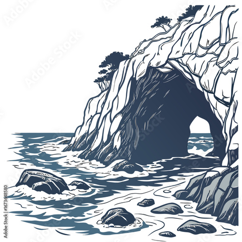 Stylized illustration of a rocky coastline with a sea cave and crashing waves on a white background