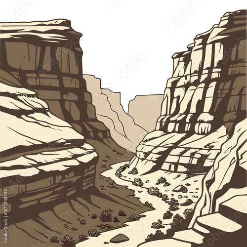 Stylized illustration of a vast canyon with layered rock formations and sparse desert vegetation under a bright sky