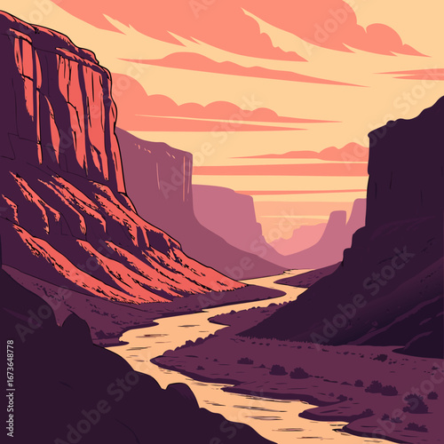 Stylized illustration of a winding river flowing through a vast canyon at sunset with dramatic clouds