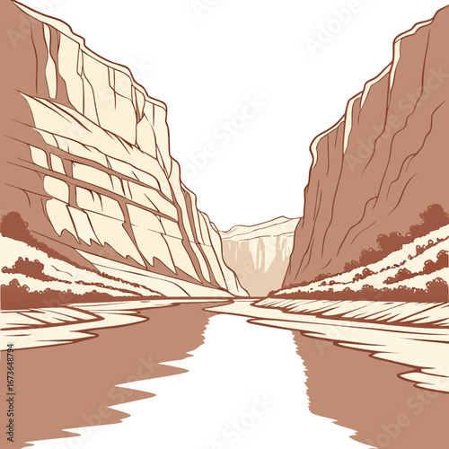 Stylized illustration of a winding river flowing through a vast canyon with dramatic rock formations and sparse vegetation