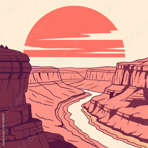 Stylized illustration of the grand canyon with a large setting sun and a winding river below