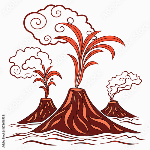Stylized illustration of three volcanoes erupting with fiery plumes and smoke against a white background