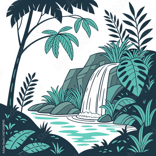 Stylized jungle waterfall with lush green foliage and rocks in a serene natural landscape