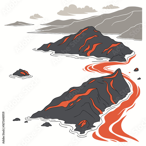 Stylized illustration of volcanic islands with glowing lava flows into the ocean under a cloudy sky