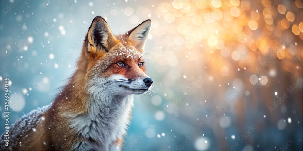 Fototapeta premium A fox stands gracefully in a snowy forest, surrounded by delicate snowflakes. The soft light creates a magical atmosphere, highlighting the fox's striking features and warm fur