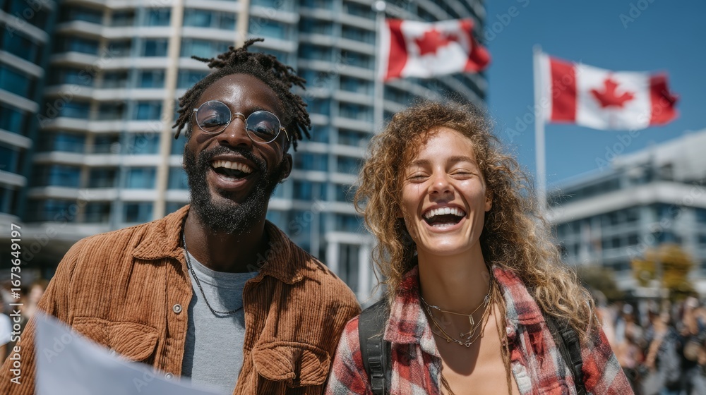Fototapeta premium Happy friends laughing outdoors on a sunny day with Canadian flags in background