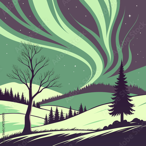 Stylized winter landscape with vibrant green and purple aurora borealis illuminating the night sky