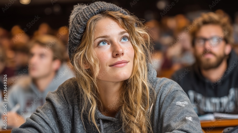 Obraz premium Student attentively listening during a college lecture in a vibrant classroom setting