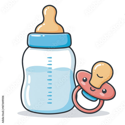 A charming cartoon illustration of a baby's feeding bottle and a cute pacifier, representing newborn care and infant essentials
