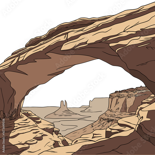 View through a natural sandstone arch in a desert landscape with mesas and buttes