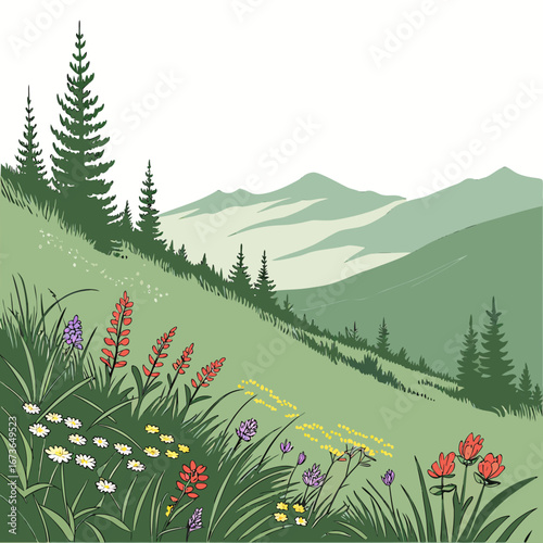Vibrant wildflowers bloom on a grassy hillside with evergreen trees and distant misty mountains