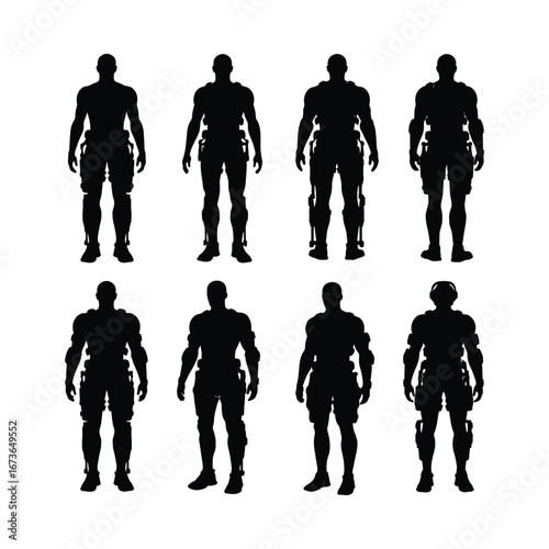 Various physiotherapy robot silhouette designs, showcasing advanced bionic exoskeletons for medical rehabilitation, assistive technology, and human mobility