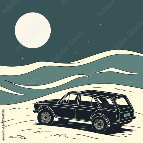 Vintage station wagon parked on a sandy dune under a large full moon at night