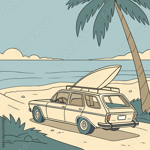 Vintage station wagon with surfboard on roof parked on a sandy beach near the ocean under a palm tree