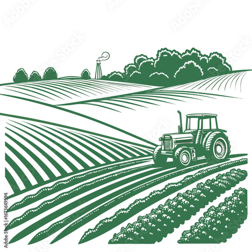 Vintage style tractor plowing green fields with rolling hills and trees in the background
