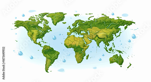 Illustration of a lush green world map with arid desert regions, symbolizing global ecology, planet resources, and water conservation