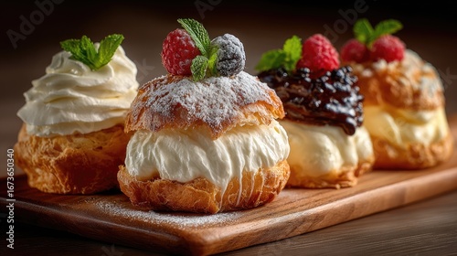 Four cream puffs, topped with whipped cream, berries, and mint