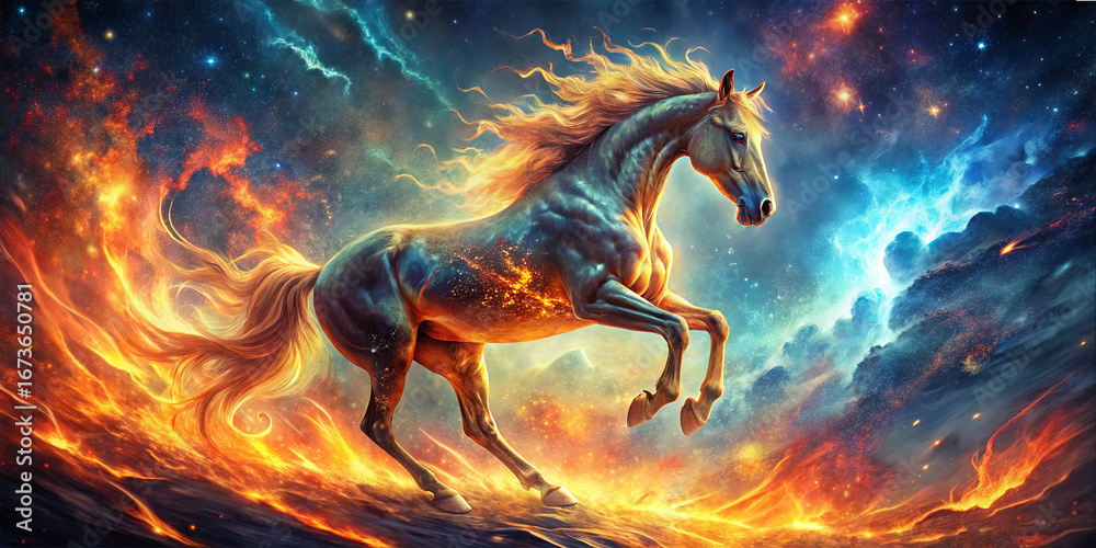 Obraz premium A stunning horse charges through a landscape filled with swirling colors and cosmic flames