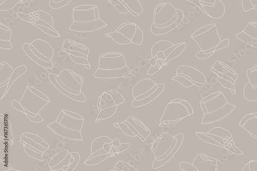 Seamless pattern of beige outlines of different types of hats such as bucket hats, baseball caps, sun hats with bows and flowers, fedoras, wide-brimmed sun hats, and visors, on brown background.