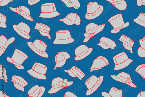 Seamless pattern of red outlines of different types of hats such as bucket hats, baseball caps, sun hats with bows and flowers, fedoras, wide-brimmed sun hats, and visors, on dark blue background.