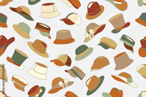 Seamless pattern of different types of hats such as bucket hats, baseball caps, sun hats with bows and flowers, fedoras, wide-brimmed sun hats, and visors, in various earth colors mix. 