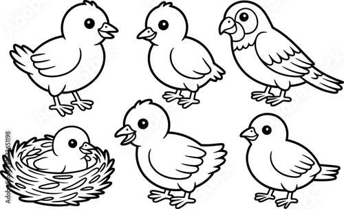 Adorable Cartoon Chicks and Bird, Black and White Line Art, Happy Mood