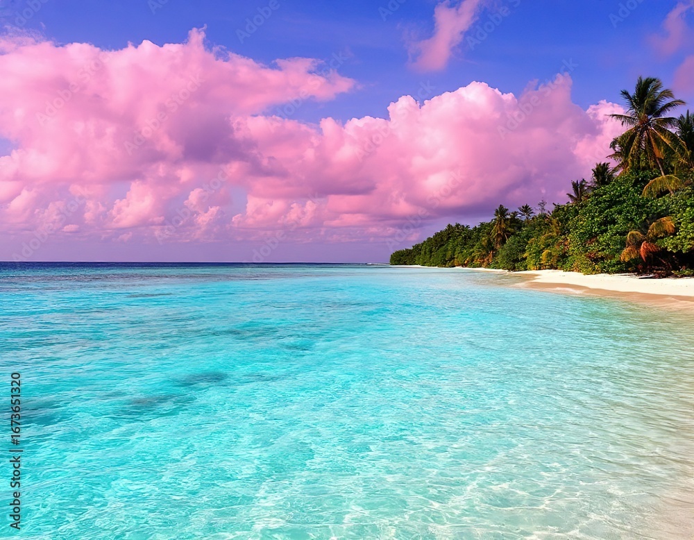 Fototapeta premium pink sunset on the sea. maldives tropical paradise.
