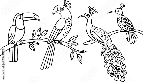Elegant Line Art Tropical Birds on Branch: Toucan, Parrot, Peacock