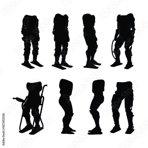 Collection of physiotherapy robot exoskeleton silhouette icons for rehabilitation and medical technology concepts. Vector set illustration