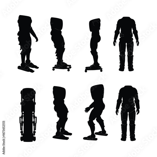 Diverse physiotherapy robot silhouette designs, illustrating conceptual advanced robotic exoskeletons for rehabilitation, mobility assistance, and human augmentation technology in graphic form