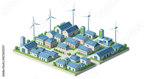 Sustainable community concept showcasing an eco-friendly town powered by renewable solar panels and wind turbine energy sources