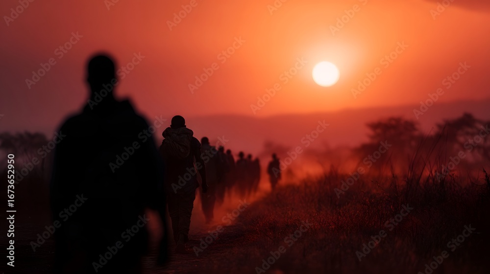 Fototapeta premium Migrant laborers walking to work at sunrise on a dusty trail