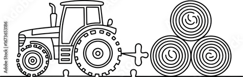Simple Line Art Tractor Harvesting Hay Bales on Farmland