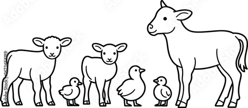 Farm Animals: Cute Line Art Illustration of Lambs and Chicks