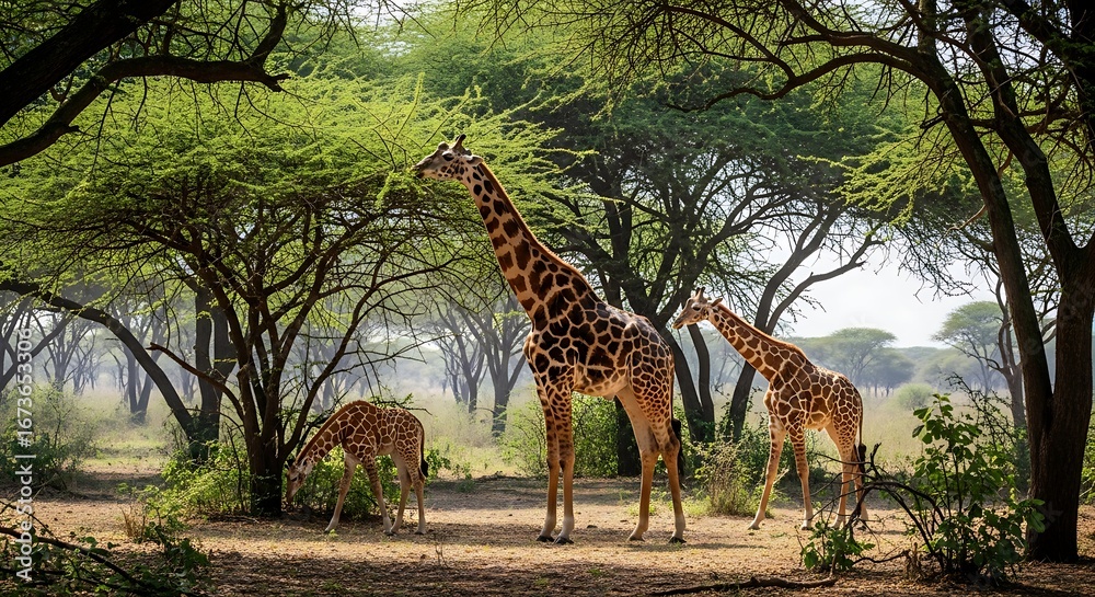 Naklejka premium Giraffe family foraging among acacia trees in the serengeti ecosystem landscape Africa