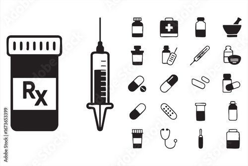 Medical and Pharmacy Icons Set in Black Vector Style