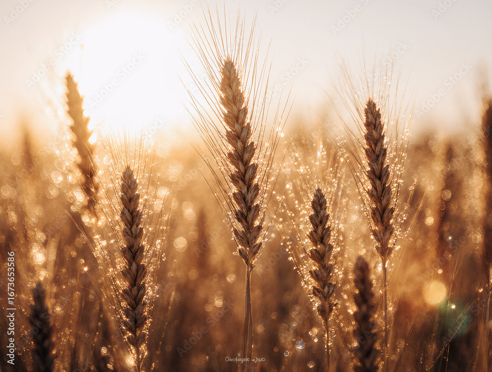Fototapeta premium Golden wheat ears in field backlit by warm sunset sunlight, close-up macro detail