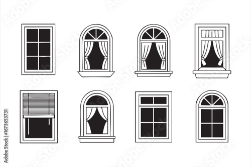 Residential Window Icon Collection Featuring Glass and Drapes