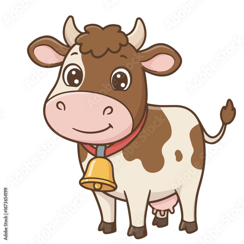Adorable smiling farm cow character with brown spots and a golden bell, standing and looking friendly and cheerful