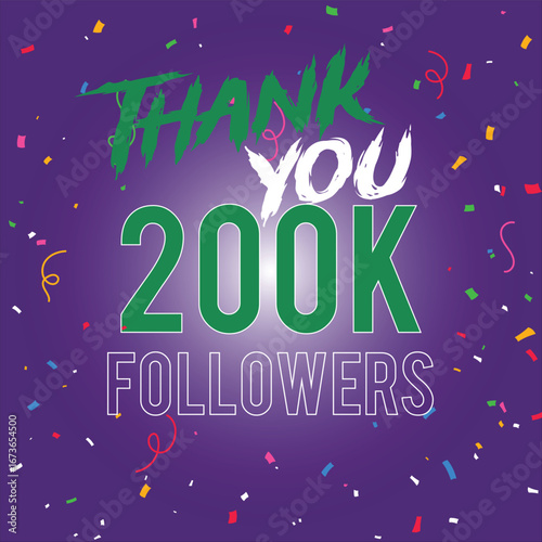 200k Followers Thank you design with confetti follower thank you premium gradient background.200k thank you  followers design celebrating Premium vector illustration 200K thank you followers.