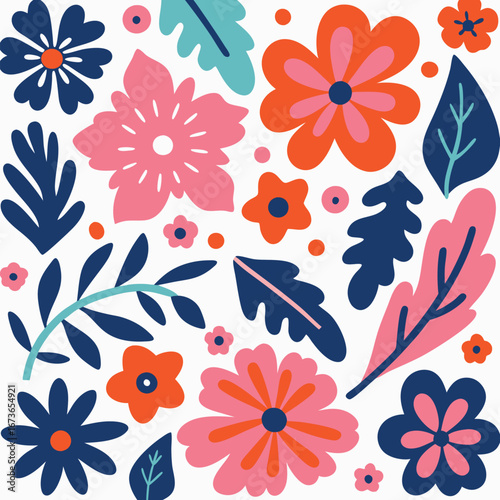 Hand-drawn seamless floral  pattern,Botanical elements with bold colors and playful shapes.