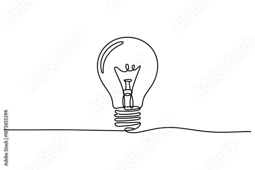 Minimalist continuous line drawing of a classic incandescent light bulb symbolizing innovation creativity and a bright new idea on a white background