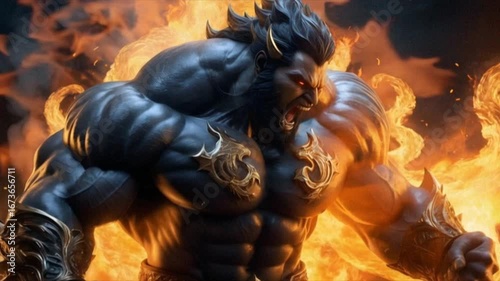 Dark muscular beast with fire aura roaring in dramatic pose seamless looping time-lapse 4k video background. Fantasy concept
