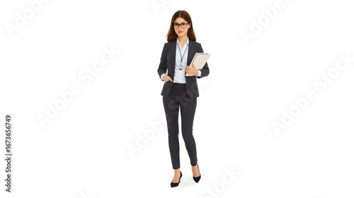 Illustration of a professional businesswoman in formal office attire holding documents and a pen, representing confidence and professionalism.