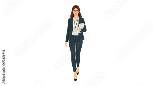 Illustration of a professional businesswoman in formal office attire holding documents and a pen, representing confidence and professionalism.